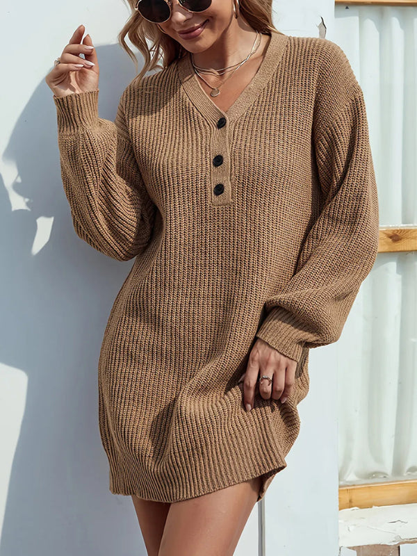 Camel V - Neck Dropped Shoulder Mini Sweater Dress - Diverse Creations & Companysweater dressCamel