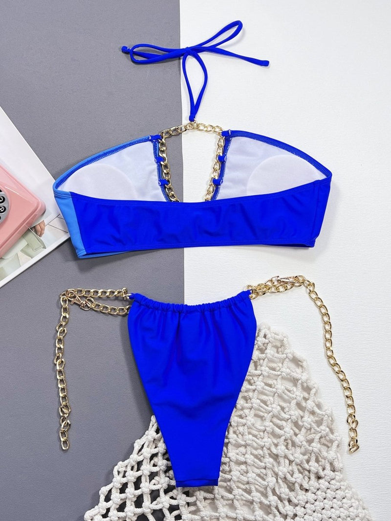 Chain Detail Halter Neck Bikini Set - Diverse Creations & CompanySwimwear Bikini SetRoyal Blue