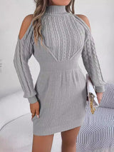 Cold Shoulder Cable Knit Turtleneck Sweater Dress - Diverse Creations & CompanySweater DressGray