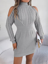 Cold Shoulder Cable Knit Turtleneck Sweater Dress - Diverse Creations & CompanySweater DressGray