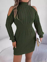 Cold Shoulder Cable Knit Turtleneck Sweater Dress - Diverse Creations & CompanySweater DressMilitary Green