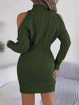 Cold Shoulder Cable Knit Turtleneck Sweater Dress - Diverse Creations & CompanySweater DressMilitary Green
