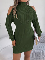 Cold Shoulder Cable Knit Turtleneck Sweater Dress - Diverse Creations & CompanySweater DressMilitary Green