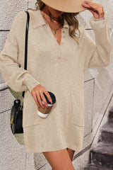 Collared Neck Long Sleeve Sweater Dress with Pockets - Diverse Creations & Companysweater dressBeige