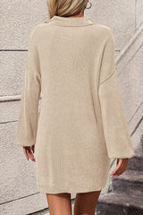 Collared Neck Long Sleeve Sweater Dress with Pockets - Diverse Creations & Companysweater dressBeige