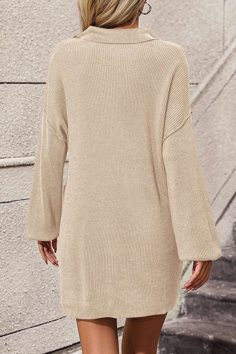 Collared Neck Long Sleeve Sweater Dress with Pockets - Diverse Creations & Companysweater dressBeige