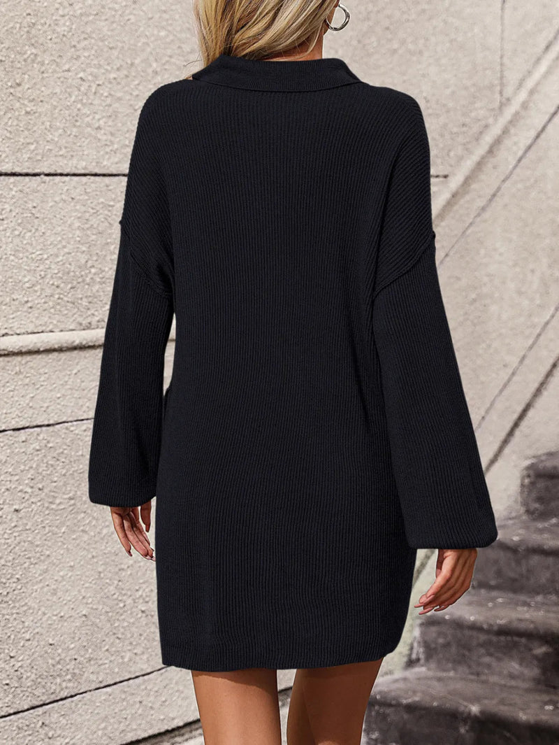 Collared Neck Long Sleeve Sweater Dress with Pockets - Diverse Creations & Companysweater dressBlack