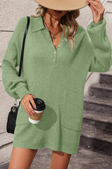 Collared Neck Long Sleeve Sweater Dress with Pockets - Diverse Creations & Companysweater dressLime