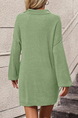 Collared Neck Long Sleeve Sweater Dress with Pockets - Diverse Creations & Companysweater dressLime
