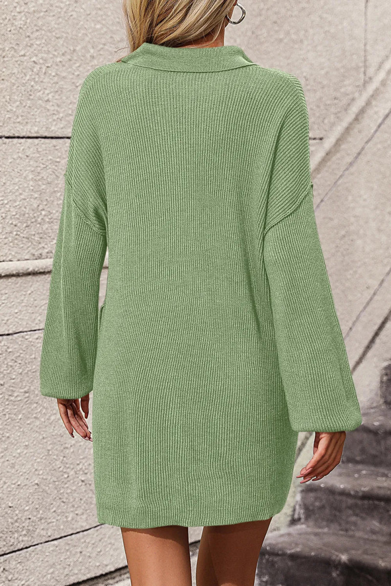 Collared Neck Long Sleeve Sweater Dress with Pockets - Diverse Creations & Companysweater dressLime