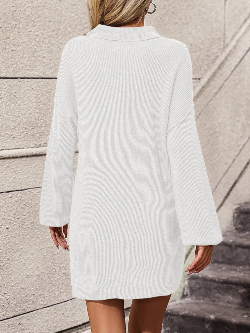 Collared Neck Long Sleeve Sweater Dress with Pockets - Diverse Creations & Companysweater dressWhite