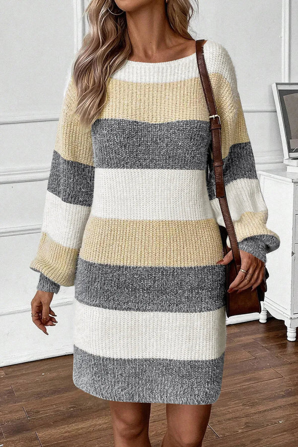 Color Block Boat Neck Long Sleeve Sweater Dress - Diverse Creations & Companysweater dressDark Gray