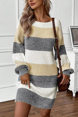 Color Block Boat Neck Long Sleeve Sweater Dress - Diverse Creations & Companysweater dressDark Gray