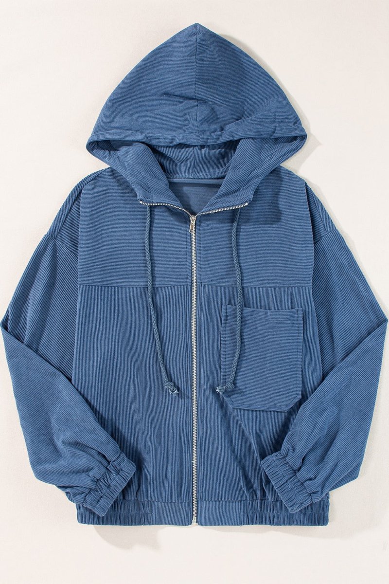 Corduroy Zip Up Long Sleeve Hooded Jacket - Diverse Creations & CompanyCorduroy Zip Up Long Sleeve Hooded JacketFrench Blue