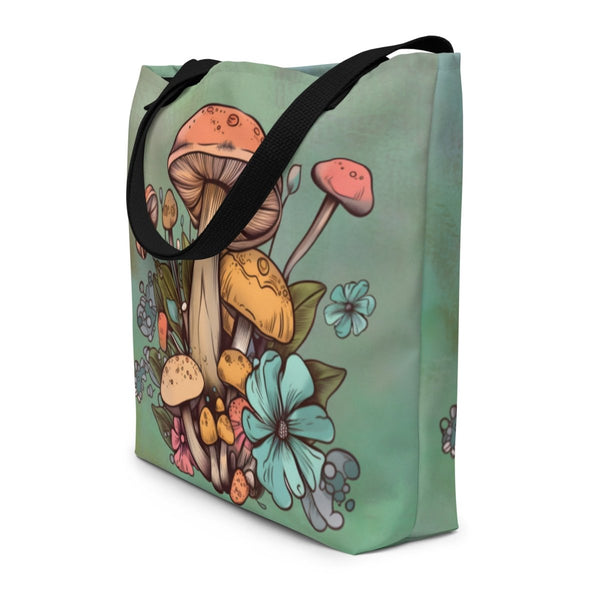 Cottagecore Mushroom Large Tote Bag With Pocket - Diverse Creations & Companytote BagsBlack