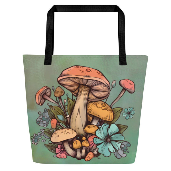 Cottagecore Mushroom Large Tote Bag With Pocket - Diverse Creations & Companytote BagsBlack
