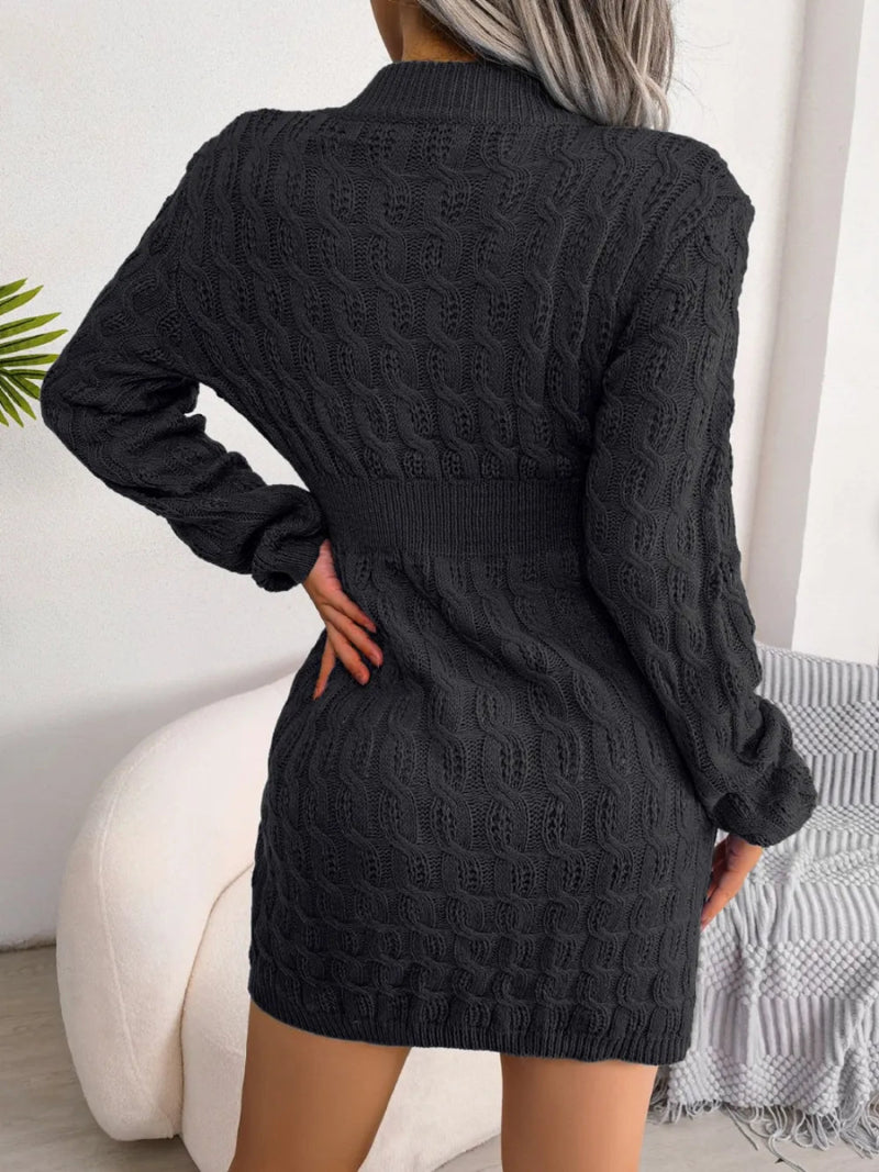 Cozy Cable - Knit Mini Wrap Dress with Classic Round Neck - Diverse Creations & Companysweater dressBlack