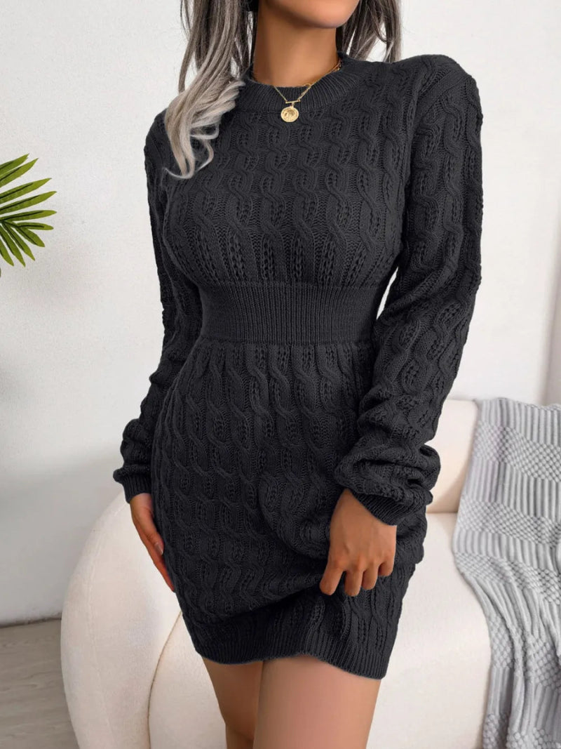 Cozy Cable - Knit Mini Wrap Dress with Classic Round Neck - Diverse Creations & Companysweater dressBlack