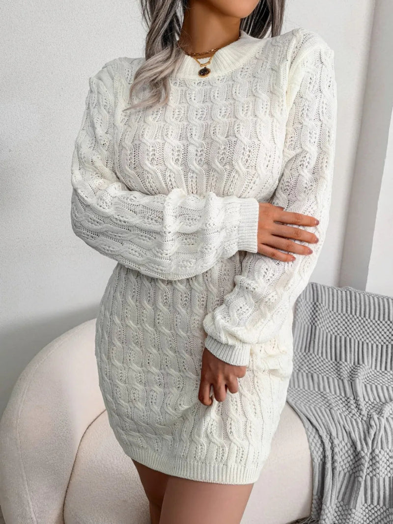 Cozy Cable - Knit Mini Wrap Dress with Classic Round Neck - Diverse Creations & Companysweater dressWhite