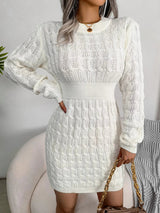 Cozy Cable - Knit Mini Wrap Dress with Classic Round Neck - Diverse Creations & Companysweater dressWhite