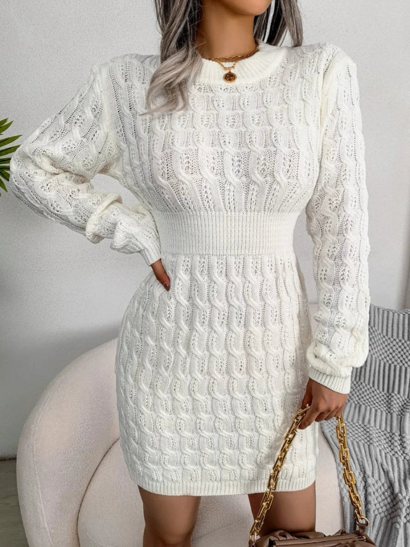 Cozy Cable - Knit Mini Wrap Dress with Classic Round Neck - Diverse Creations & Companysweater dressWhite