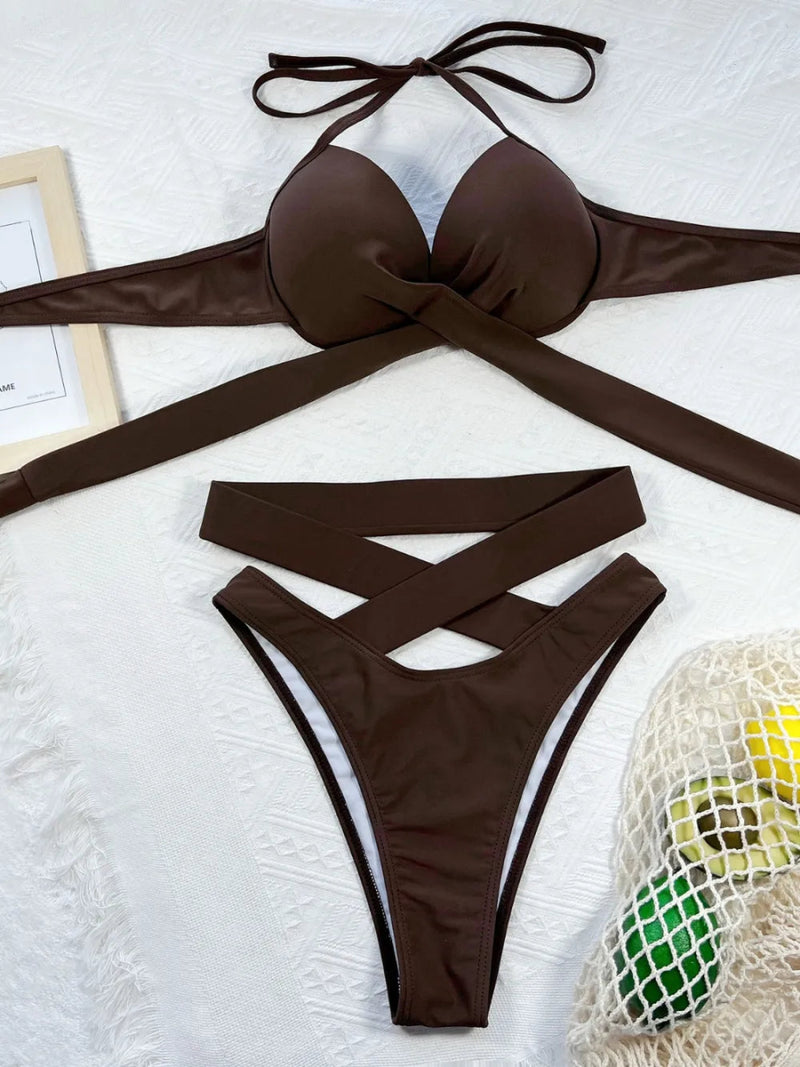 Crisscross Halter Neck Bikini Set - Diverse Creations & CompanySwimwear bikini SetBrown