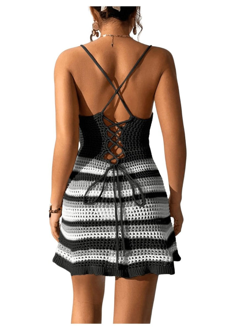 Cutout Striped Spaghetti Strap Cover Up Dress - Diverse Creations & CompanyCover - Ups swimwearBlack