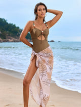 Cutout Sweetheart Neck One - Piece Swimwear and Cover - Up Swim Set - Diverse Creations & CompanyOne - Piece Swimwear and Cover Up SetCamel