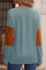 Decorative Button Contrast V - Neck Long Sleeve T-Shirt - Diverse Creations & CompanyDecorative Button Contrast V - Neck Long Sleeve T-ShirtOrange