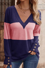 Decorative Button Contrast V - Neck Long Sleeve T-Shirt - Diverse Creations & CompanyDecorative Button Contrast V - Neck Long Sleeve T-ShirtPink