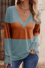 Decorative Button Contrast V - Neck Long Sleeve T-Shirt - Diverse Creations & CompanyDecorative Button Contrast V - Neck Long Sleeve T-ShirtOrange