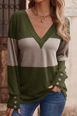 Decorative Button Contrast V - Neck Long Sleeve T-Shirt - Diverse Creations & CompanyDecorative Button Contrast V - Neck Long Sleeve T-ShirtTaupe