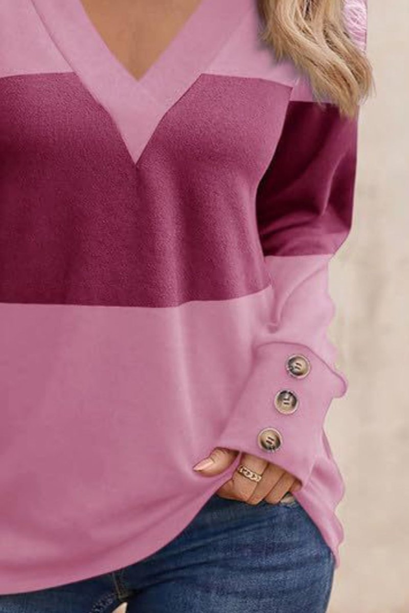 Decorative Button Contrast V - Neck Long Sleeve T-Shirt - Diverse Creations & CompanyDecorative Button Contrast V - Neck Long Sleeve T-ShirtRed - Violet