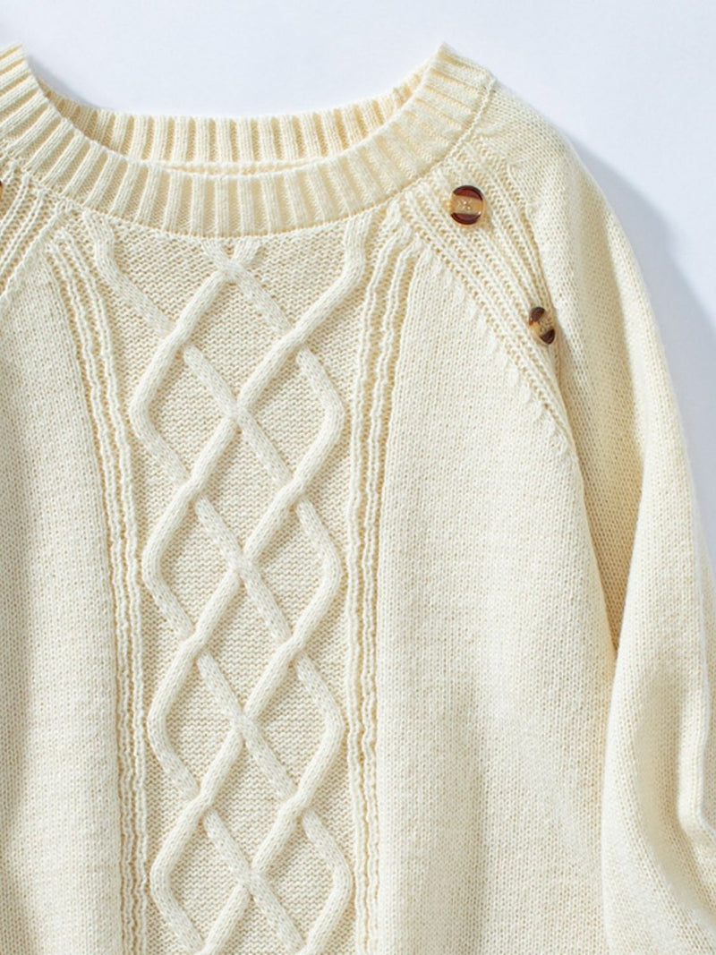 Decorative Button Round Neck Raglan Sleeve Sweater - Diverse Creations & CompanyDecorative Button Round Neck Raglan Sleeve SweaterCream