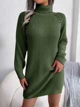 Decorative Button Turtleneck Sweater Dress - Diverse Creations & Companysweater dressDark Green