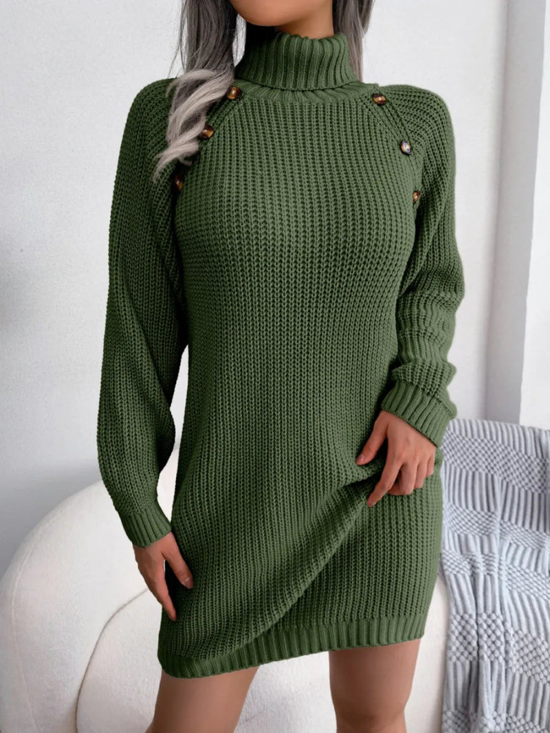 Decorative Button Turtleneck Sweater Dress - Diverse Creations & Companysweater dressDark Green