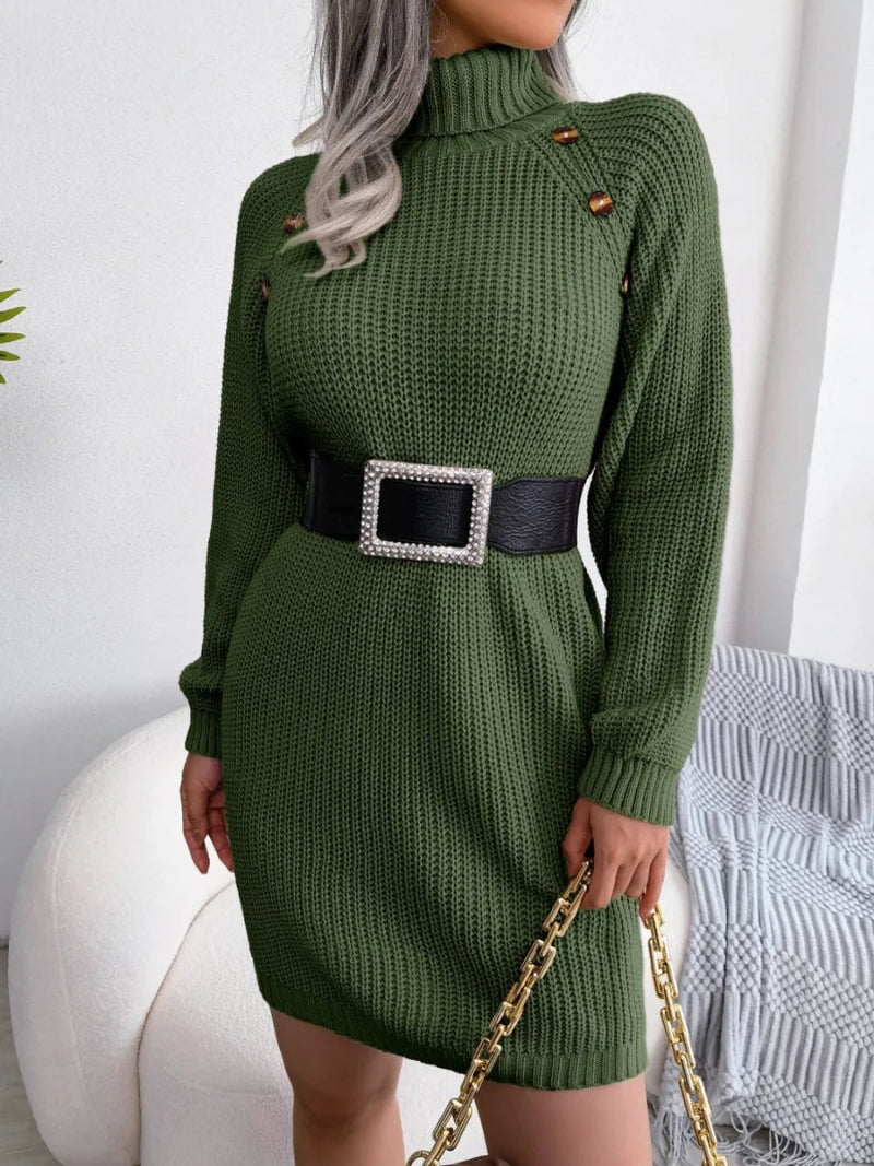 Decorative Button Turtleneck Sweater Dress - Diverse Creations & Companysweater dressDark Green