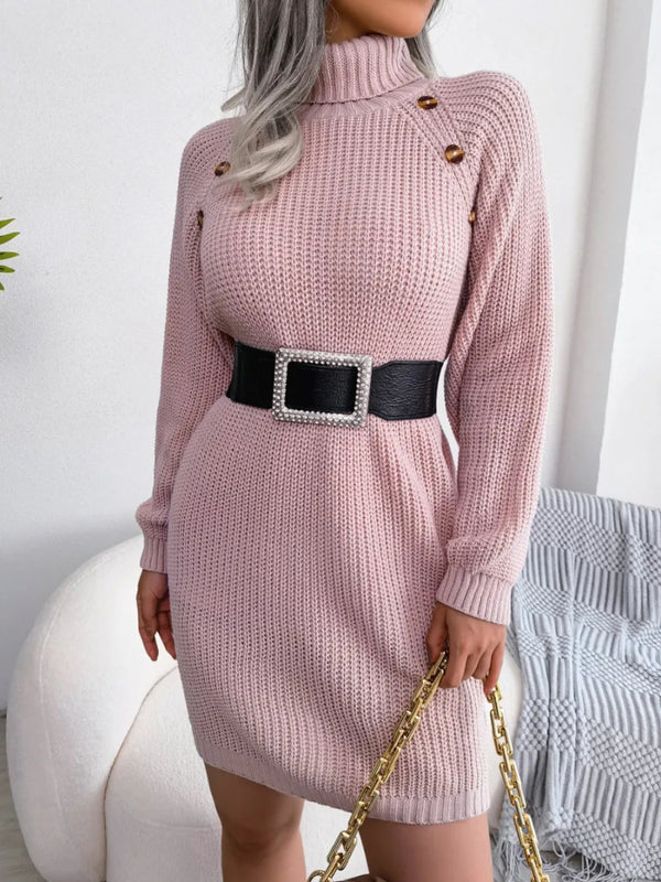 Decorative Button Turtleneck Sweater Dress - Diverse Creations & Companysweater dressDusty Pink