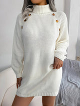 Decorative Button Turtleneck Sweater Dress - Diverse Creations & Companysweater dressWhite