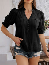 Devine Frill Notched Short Sleeve Blouse - Diverse Creations & CompanyDevine Frill Notched Short Sleeve BloBlack