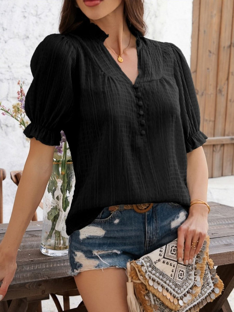 Devine Frill Notched Short Sleeve Blouse - Diverse Creations & CompanyDevine Frill Notched Short Sleeve BloBlack