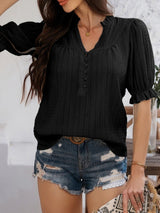 Devine Frill Notched Short Sleeve Blouse - Diverse Creations & CompanyDevine Frill Notched Short Sleeve BloBlack