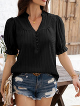 Devine Frill Notched Short Sleeve Blouse - Diverse Creations & CompanyDevine Frill Notched Short Sleeve BloBlack