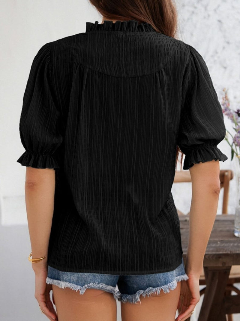 Devine Frill Notched Short Sleeve Blouse - Diverse Creations & CompanyDevine Frill Notched Short Sleeve BloBlack