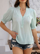 Devine Frill Notched Short Sleeve Blouse - Diverse Creations & CompanyDevine Frill Notched Short Sleeve BloLight Green