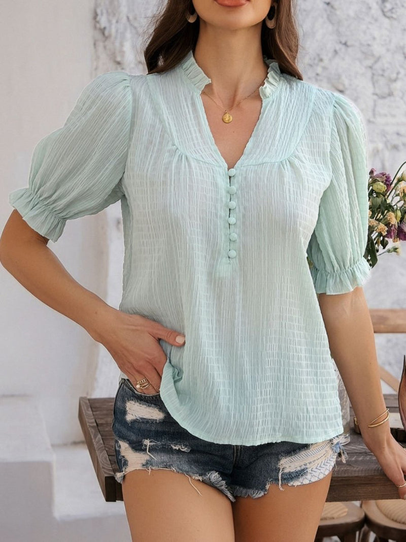 Devine Frill Notched Short Sleeve Blouse - Diverse Creations & CompanyDevine Frill Notched Short Sleeve BloLight Green