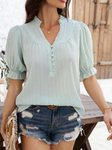 Devine Frill Notched Short Sleeve Blouse - Diverse Creations & CompanyDevine Frill Notched Short Sleeve BloLight Green