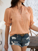 Devine Frill Notched Short Sleeve Blouse - Diverse Creations & CompanyDevine Frill Notched Short Sleeve BloSherbet