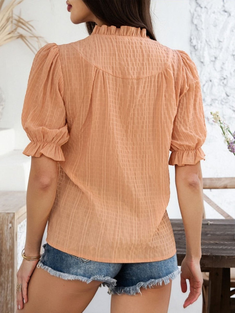 Devine Frill Notched Short Sleeve Blouse - Diverse Creations & CompanyDevine Frill Notched Short Sleeve BloSherbet