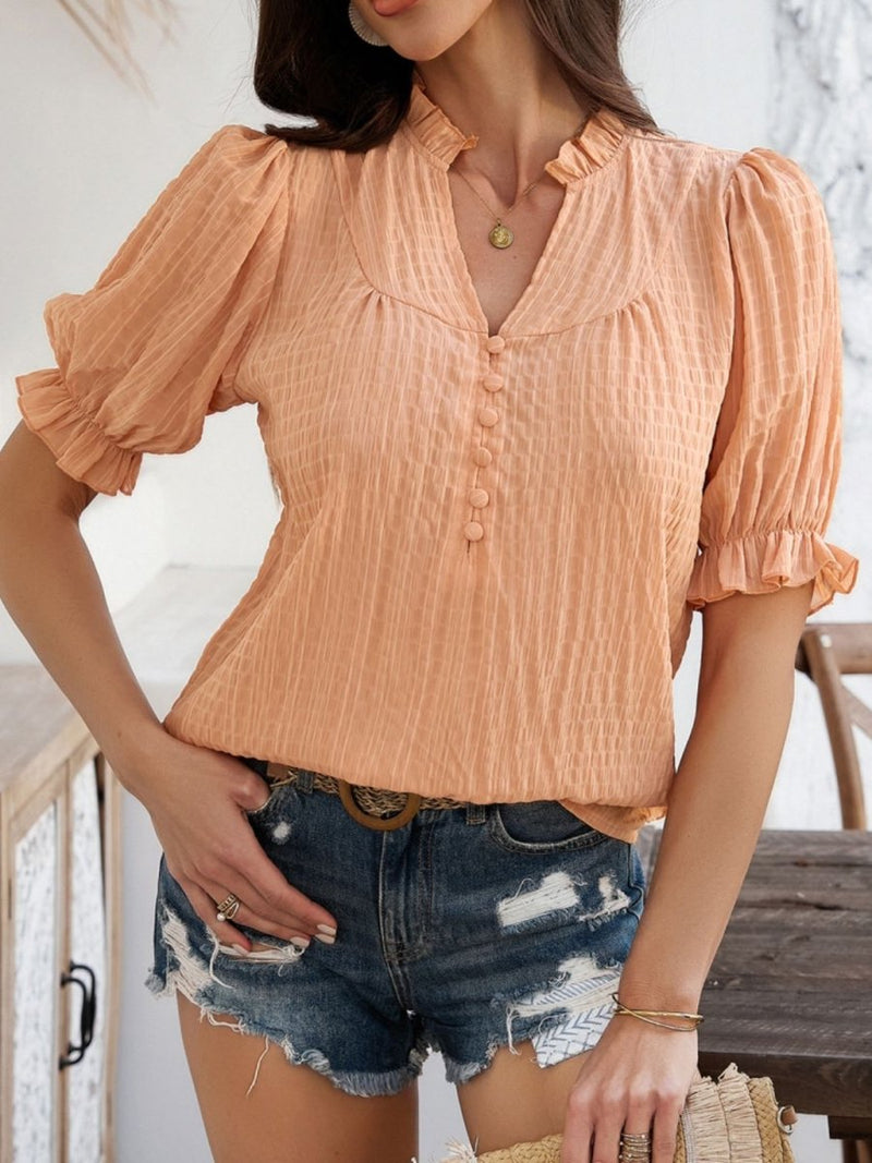 Devine Frill Notched Short Sleeve Blouse - Diverse Creations & CompanyDevine Frill Notched Short Sleeve BloSherbet